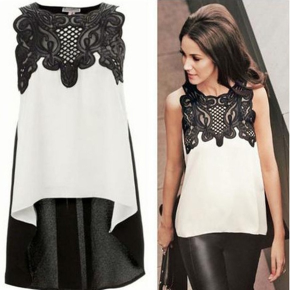Tops - NWOT! Lace Black & White Hi-Lo Blouse